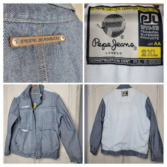 VTG Pepe Jeans Co. Mens Industrial Grade Denim Logo Embellished Jean Jacket✨️2XL - Picture 6 of 15